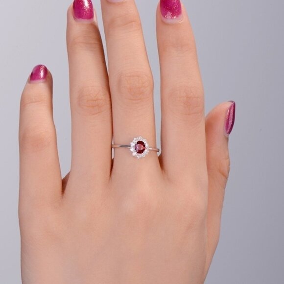 925 Silver Plated Oval Sun Flower Red Elegant Ruby Ring for Women, VIP… - Picture 5 of 6